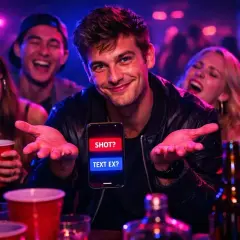 Imprezowa noc, śmieszne pytania na telefonie: "SHOT?" vs "TEXT EX?". Wszyscy się śmieją, czy wybierze drinka, czy byłego?