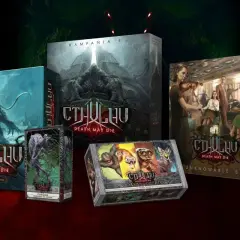 Zestaw pudełek gry planszowej Cthulhu: Death May Die z potworami i postaciami.