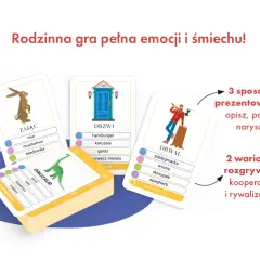 Gra karciana "kalambury co to?" z kartami: zając, drzwi, drwal, dinozaur. Gra oferuje 3 sposoby prezentacji i 2 warianty rozgrywek.
