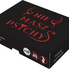 Czarna gra "Nie masz psychy" z czerwonymi rogami diabła i napisem. To zabawa w pytania i wyzwania, zawiera 100 kart, od lat 18.