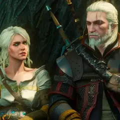 Geralt i Ciri, bohaterowie gry fabularnej dla 2 osób, siedzą obok siebie w lesie.