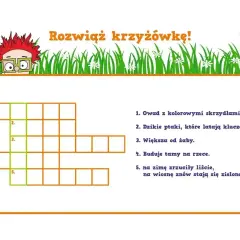 Zabawne zagadki rysowane na kartce zachęcają do rozwiązania krzyżówki.