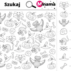Zabawne zagadki na Halloween: znajdź nietoperze, dynie, sowy, pająki, koty, czapki czarownic i kości.