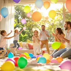Radosna rodzina świętuje, dzieci skaczą wśród kolorowych balonów, jakby brały udział w wyścigu balonów.