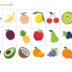 Kolorowe ilustracje owoców: arbuz, banan, pomarańcza, cytryna, wiśnie, kiwi, truskawka, śliwka, ananas, jabłko, gruszka, borówki, jeżyna, awokado, kokos, mandarynka, winogrona. Idealne do zagadek o owocach.