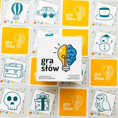 Karty z gry "Gra słów" z rysunkami: balon, samochód, spodnie, czapka, oko, bałwan, książka, teczka, czaszka, prezent, sowa. Zgadnij jakie to słowo!