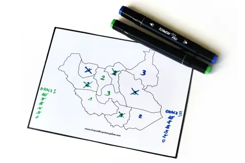 Mapa z zaznaczonymi polami i markerami. Idealne do gry na kartce dla dwóch osób, gdzie gracze zaznaczają swoje ruchy.