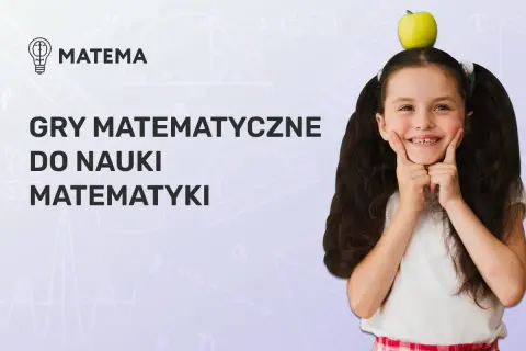 Uśmiechnięta dziewczynka z jabłkiem na głowie, otoczona elementami graficznymi związanymi z matematyką. Idealna do nauki przez gry matematyczne.