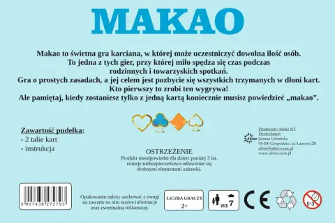 Gra karciana Makao, proste zasady, szybka rozgrywka. W pudełku 2 talie kart i instrukcja. Pamiętaj, by krzyknąć "makao"!