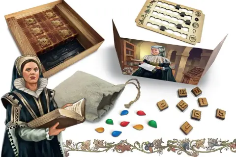 Gutenberg gra: plansza, drewniane klocki z literami, sakiewka i kolorowe kamienie.