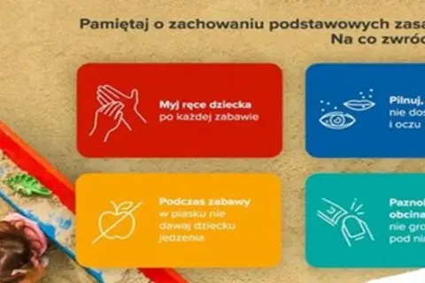Piaskownica, dziecko bawi się piaskiem. Pamiętaj o higienie: myj ręce, chroń oczy i usta, nie jedz w piasku, obcinaj paznokcie. Pif paf!