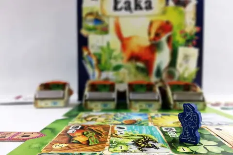 Gra planszowa "Łąka" w akcji. Drewniany pionek turysty na planszy pełnej kart z motywami przyrody.