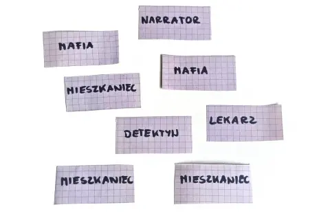 Karty z nazwami ról w grze: Narrator, Mafia, Mieszkaniec, Detektyw, Lekarz. Kto ma jaki **role w mafii**?