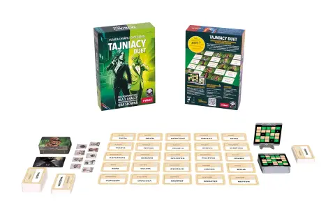 Gra planszowa "Tajniacy Duet" z kartami i planszami. Gracze wcielają się w tajnych agentów, tworząc zgrany duet.