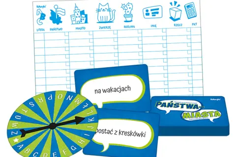 Gra "Państwa Miasta" z kołem literowym i kartami. Punktacja w grze jest kluczowa!