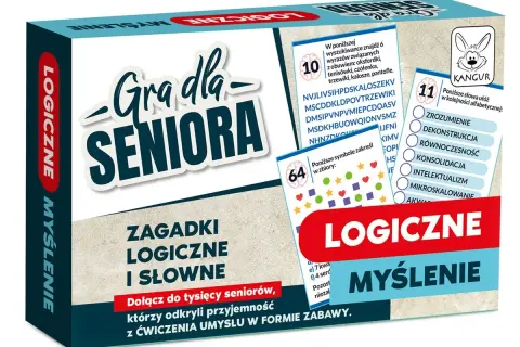 Gra logiczna dla dorosłych po polsku "Gra dla Seniora". Zawiera zagadki logiczne i słowne, ćwiczące umysł w formie zabawy.