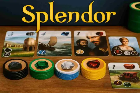 Gra Splendor: karty z budynkami, statkiem, ludźmi i klejnotami. Żetony czarne, zielone, niebieskie i żółte. W tle logo gry.