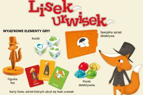 Elementy gry "Lisek Urwisek": figurka lisa, kostki, karty lisów, pionki detektywów i specjalny sprzęt.