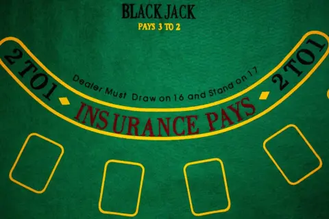 Zielony stół do gry w oczko z żółtymi polami i napisami "Black Jack", "Insurance Pays" oraz "2 to 1".