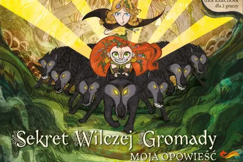 Okładka gry karcianej "Sekret Wilczej Gromady". Dwie dziewczynki, jedna z rudymi, druga z blond włosami, otoczone przez stado wilków.