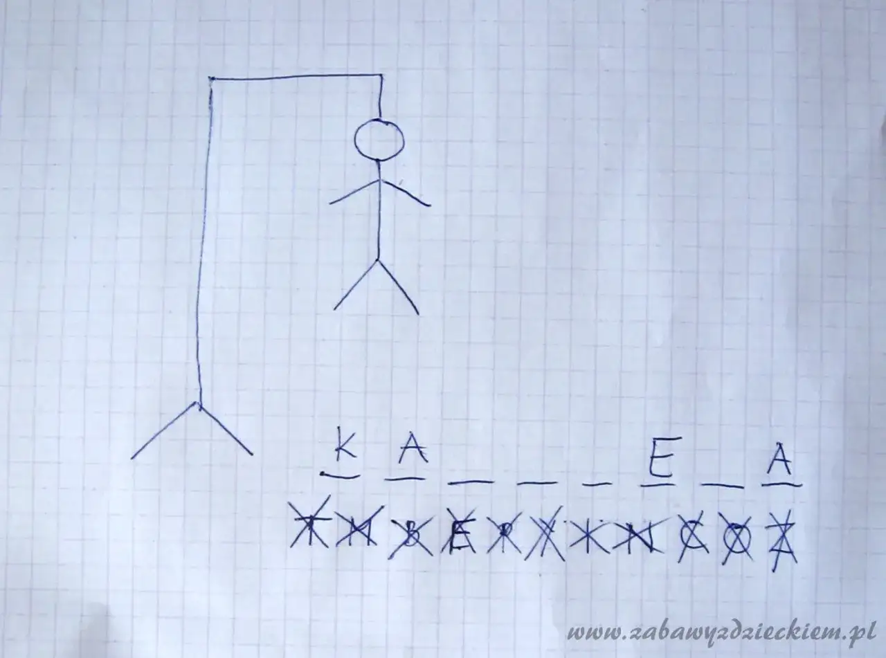 Wisielec: K A _ _ E _ A. Litery E i A już odgadnięte, ale wisielec wisi.
