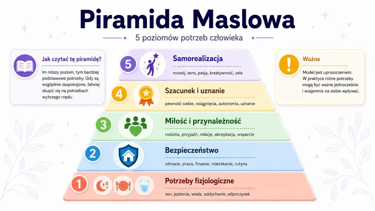 Piramida potrzeb Maslowa: 5 poziomów od fizjologii po samorealizację. Niższe potrzeby są podstawą do rozwoju wyższych.