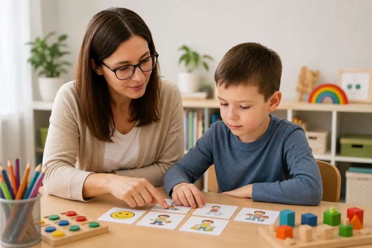 Nauczycielka prowadzi zajęcia rewalidacyjne z chłopcem, używając kart z obrazkami do nauki emocji i czynności.